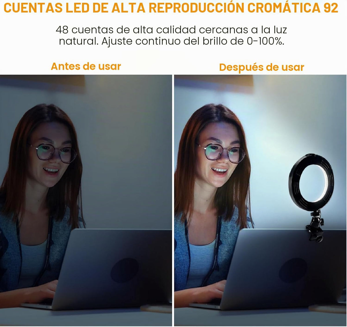 Aro de Luz LED para Portátil con Clip, portabilidad Ring Light,3 Modos Color Ajuste de Brillo 10 Niveles para Selfie, Vlog, Maquillaje, Transmisión en Vivo, Grabación de Video - 6"