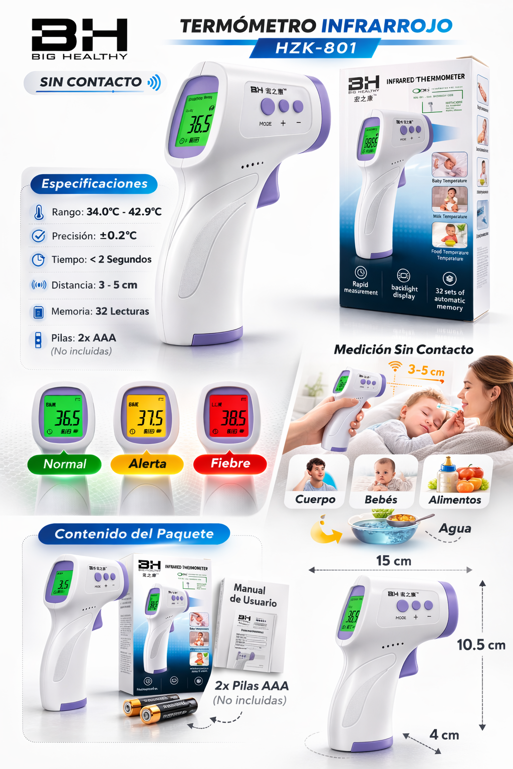 Termómetro Infrarrojo Digital Sin Contacto HZK-801 – Medición Rápida y Precisa (Pantalla LCD, Memoria 32 Lecturas)