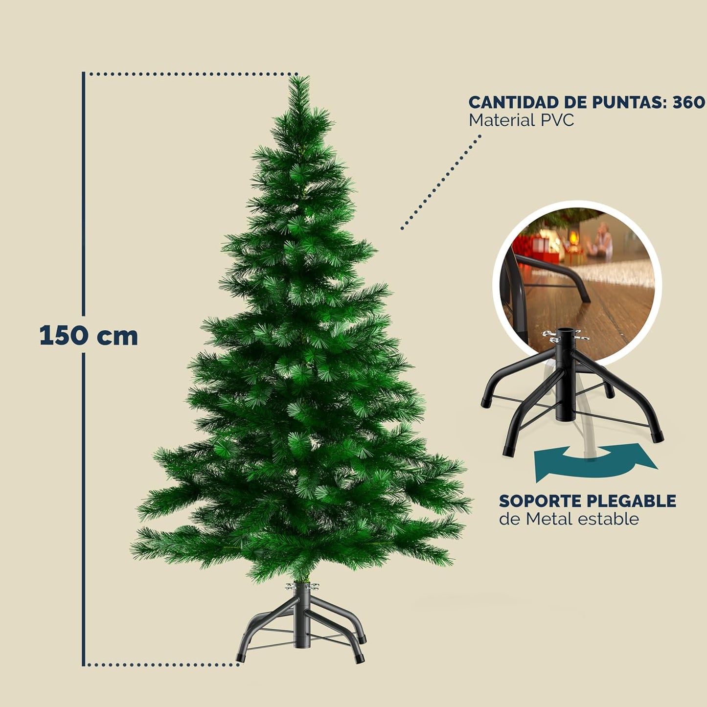 Árbol de Navidad Artificial 150cm Verde con Soporte