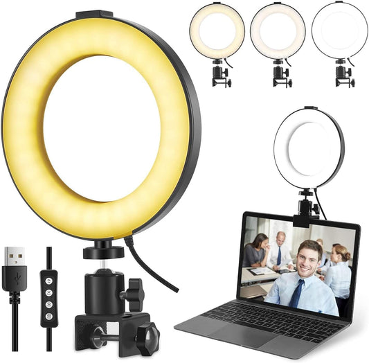 Aro de Luz LED para Portátil con Clip, portabilidad Ring Light,3 Modos Color Ajuste de Brillo 10 Niveles para Selfie, Vlog, Maquillaje, Transmisión en Vivo, Grabación de Video - 6"