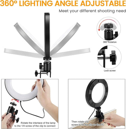 Aro de Luz LED para Portátil con Clip, portabilidad Ring Light,3 Modos Color Ajuste de Brillo 10 Niveles para Selfie, Vlog, Maquillaje, Transmisión en Vivo, Grabación de Video - 6"