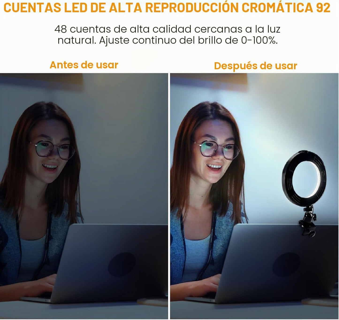 Aro de Luz LED para Portátil con Clip, portabilidad Ring Light,3 Modos Color Ajuste de Brillo 10 Niveles para Selfie, Vlog, Maquillaje, Transmisión en Vivo, Grabación de Video - 6"