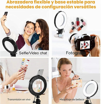 Aro de Luz LED para Portátil con Clip, portabilidad Ring Light,3 Modos Color Ajuste de Brillo 10 Niveles para Selfie, Vlog, Maquillaje, Transmisión en Vivo, Grabación de Video - 6"