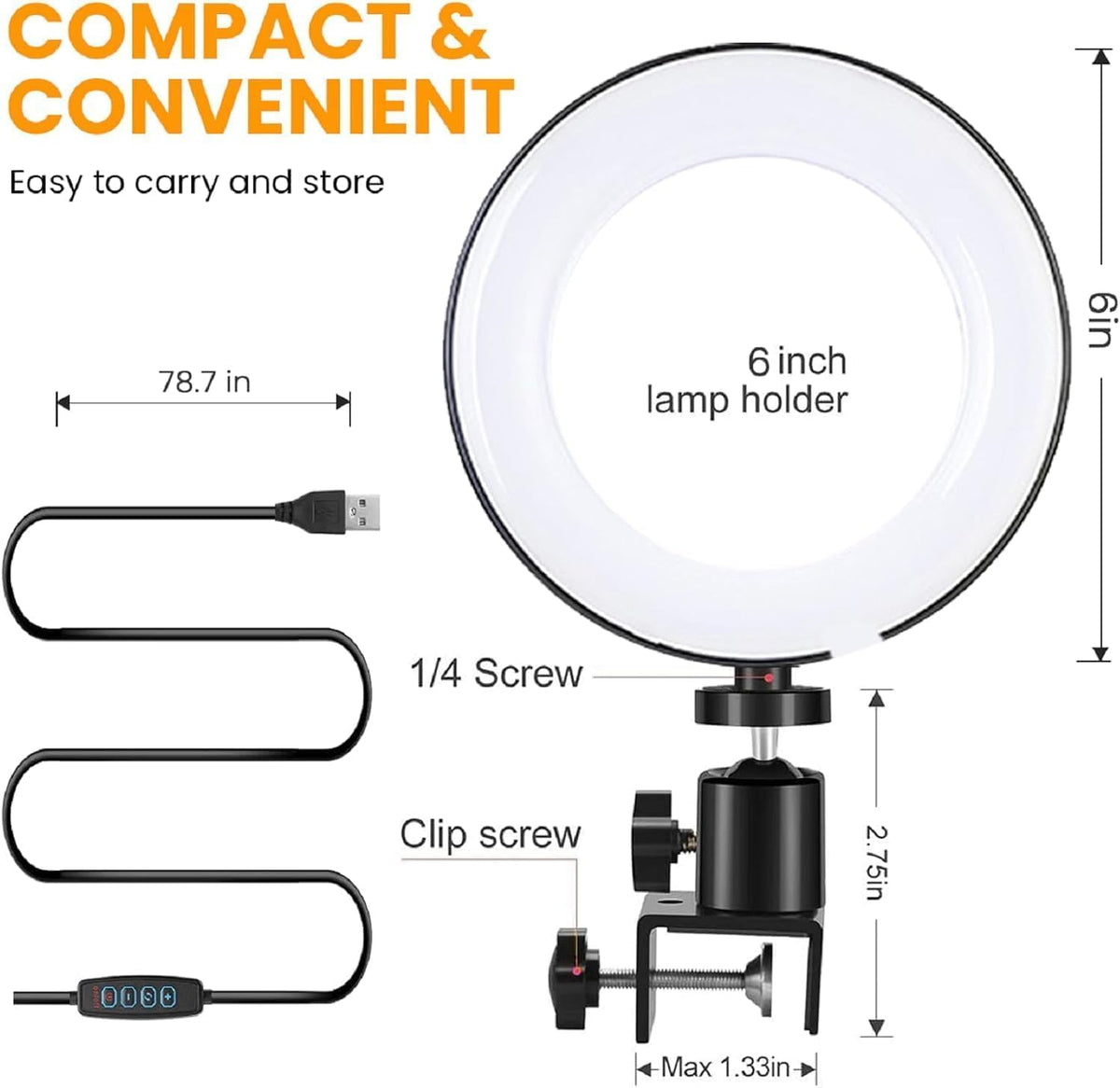 Aro de Luz LED para Portátil con Clip, portabilidad Ring Light,3 Modos Color Ajuste de Brillo 10 Niveles para Selfie, Vlog, Maquillaje, Transmisión en Vivo, Grabación de Video - 6"