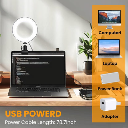 Aro de Luz LED para Portátil con Clip, portabilidad Ring Light,3 Modos Color Ajuste de Brillo 10 Niveles para Selfie, Vlog, Maquillaje, Transmisión en Vivo, Grabación de Video - 6"