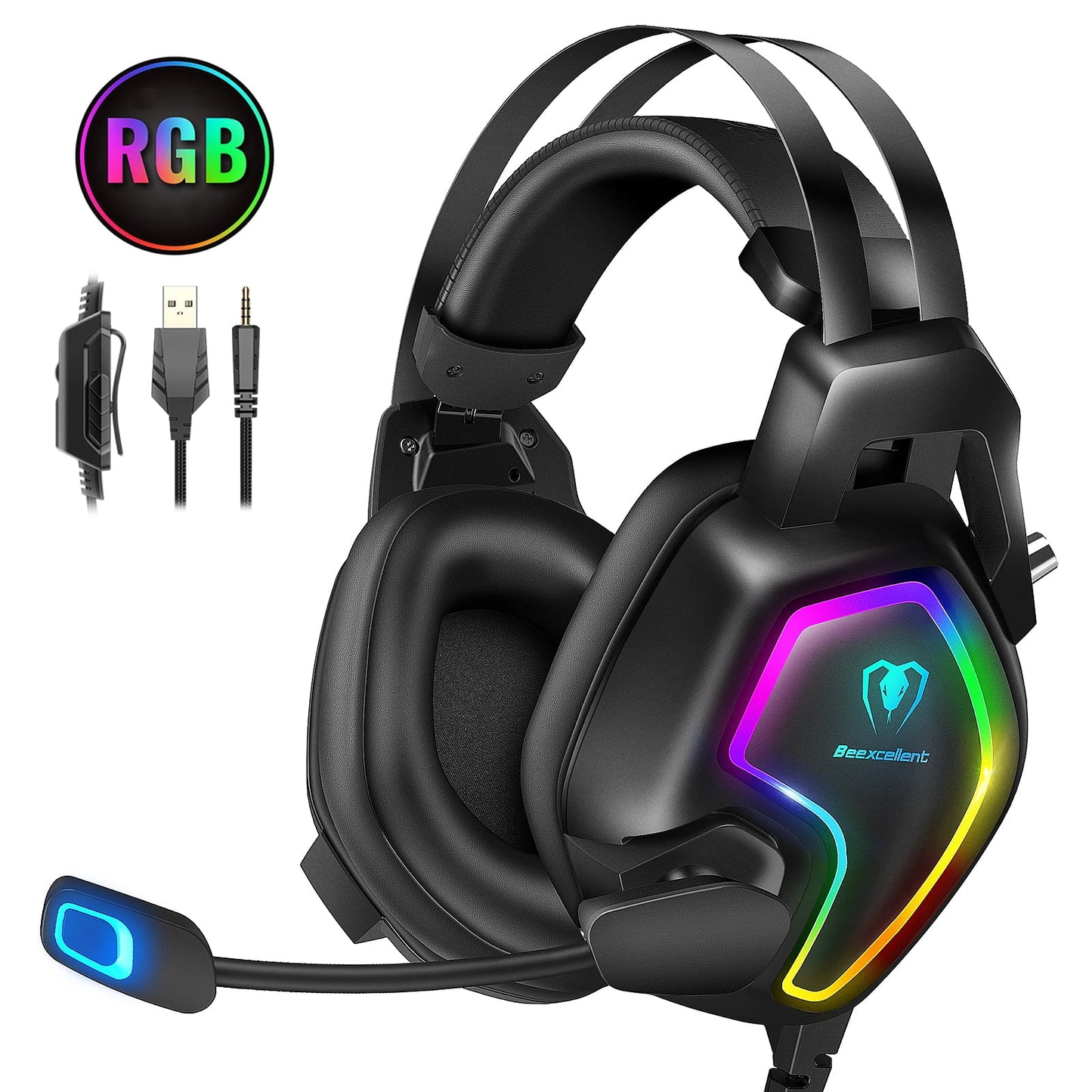 Cascos Auriculares para Juegos con Cancelación de Ruido de Sonido Envolvente 7.1 Luz Flexible Mic RGB 3.5mm Beexcellent