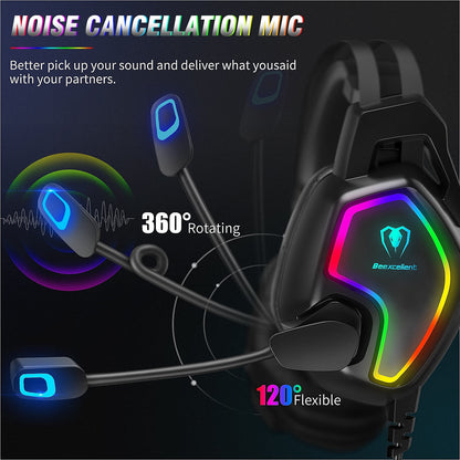 Cascos Auriculares para Juegos con Cancelación de Ruido de Sonido Envolvente 7.1 Luz Flexible Mic RGB 3.5mm Beexcellent