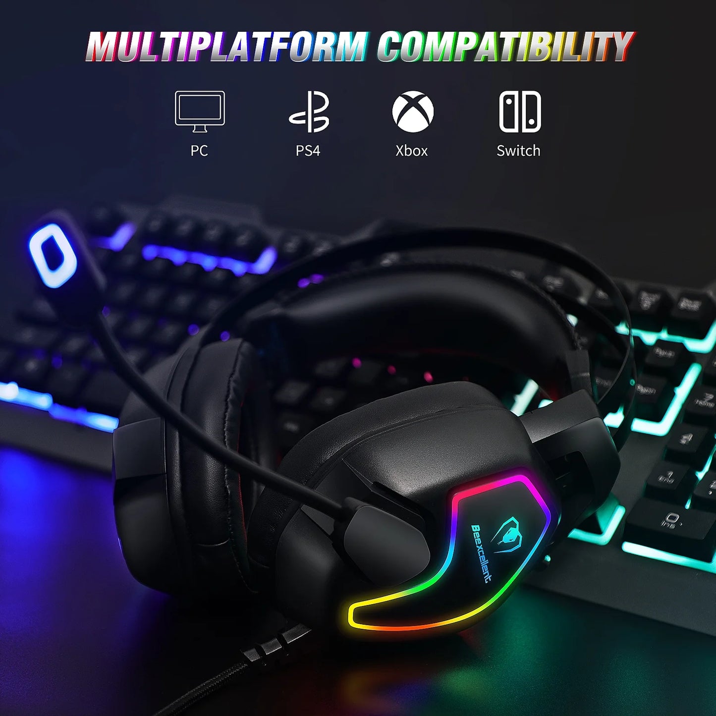 Cascos Auriculares para Juegos con Cancelación de Ruido de Sonido Envolvente 7.1 Luz Flexible Mic RGB 3.5mm Beexcellent