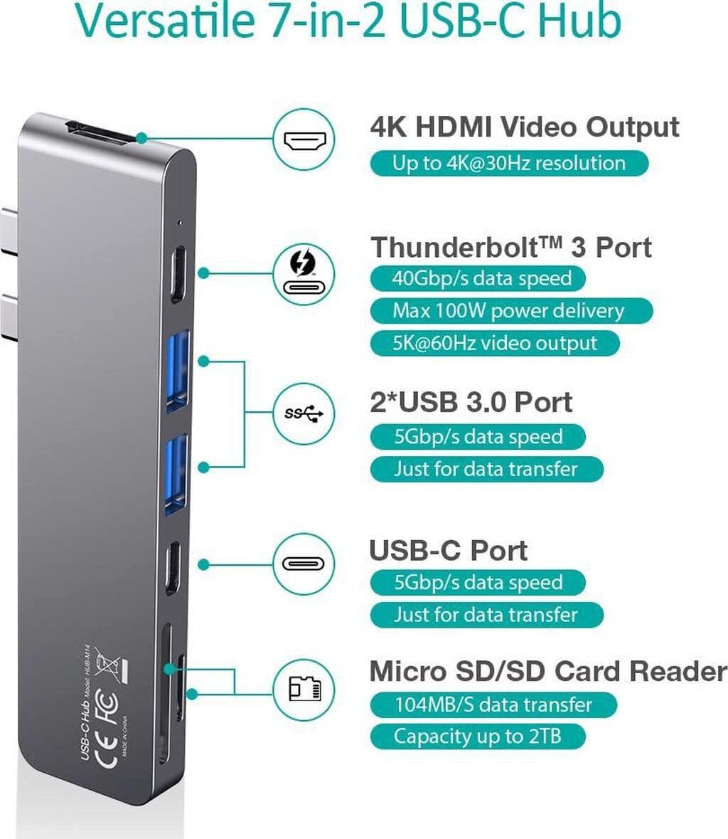 Hub USB-C 7 en 2 para MacBook Pro y MacBook Air | HDMI 4K, Thunderbolt 3, USB 3.0 y Lector SD/TF
