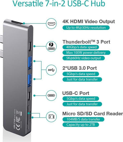 Hub USB-C 7 en 2 para MacBook Pro y MacBook Air | HDMI 4K, Thunderbolt 3, USB 3.0 y Lector SD/TF