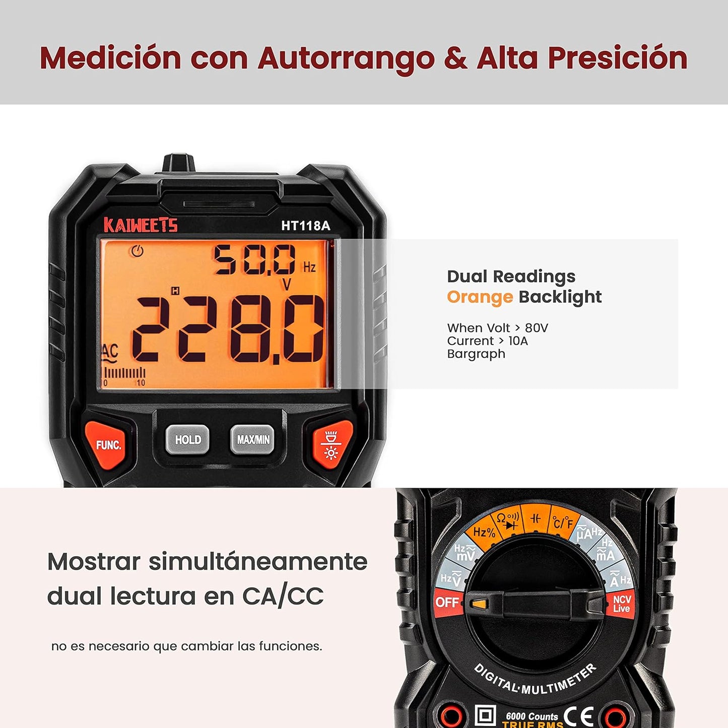 Multímetro automático digital TRMS 6000 Cuentas HT118A KAIWEETS
