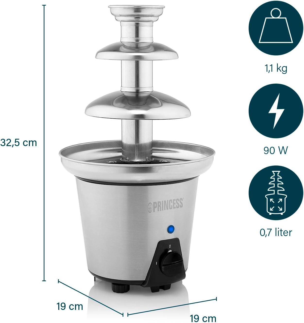 Fuente de chocolate XL con 2 ajustes de potencia, 3 alturas, 0,7 litros de capacidad, 32.5 cm de altura