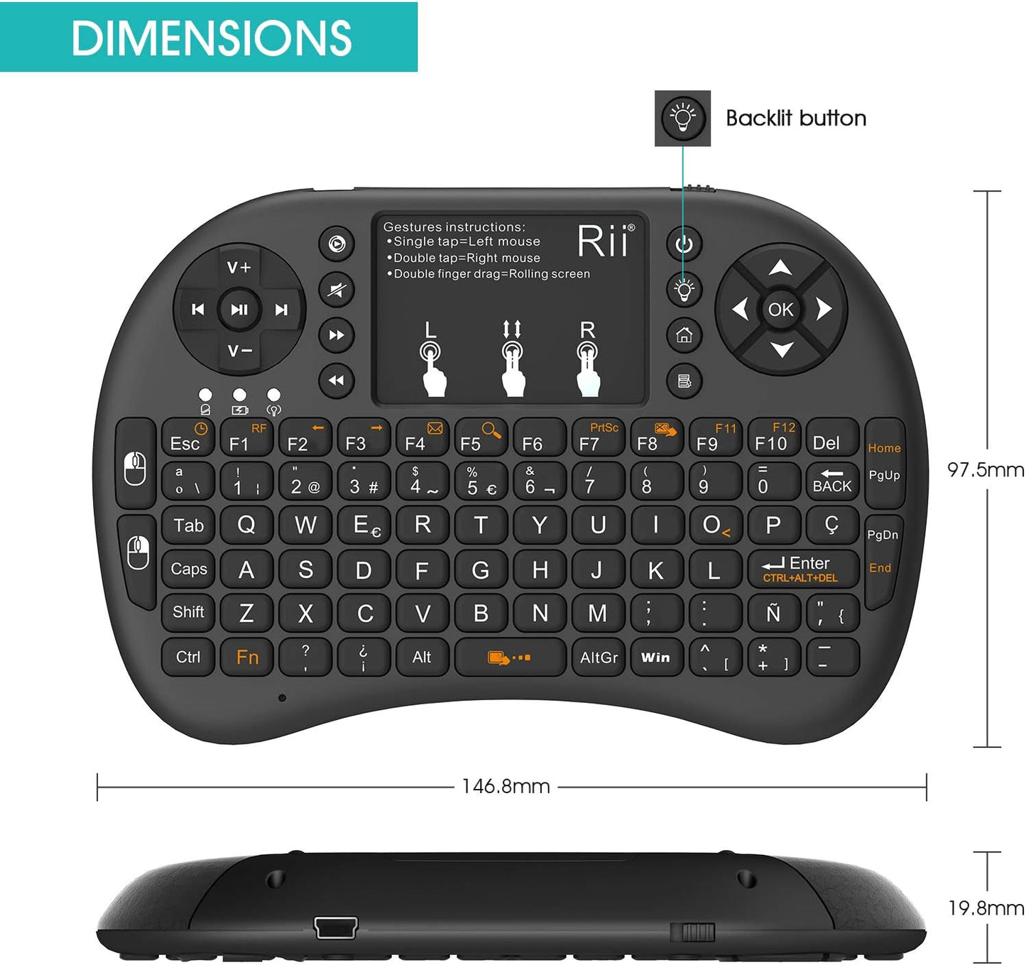 Mini Teclado inalámbrico 2.4Ghz con touchpad Integrado