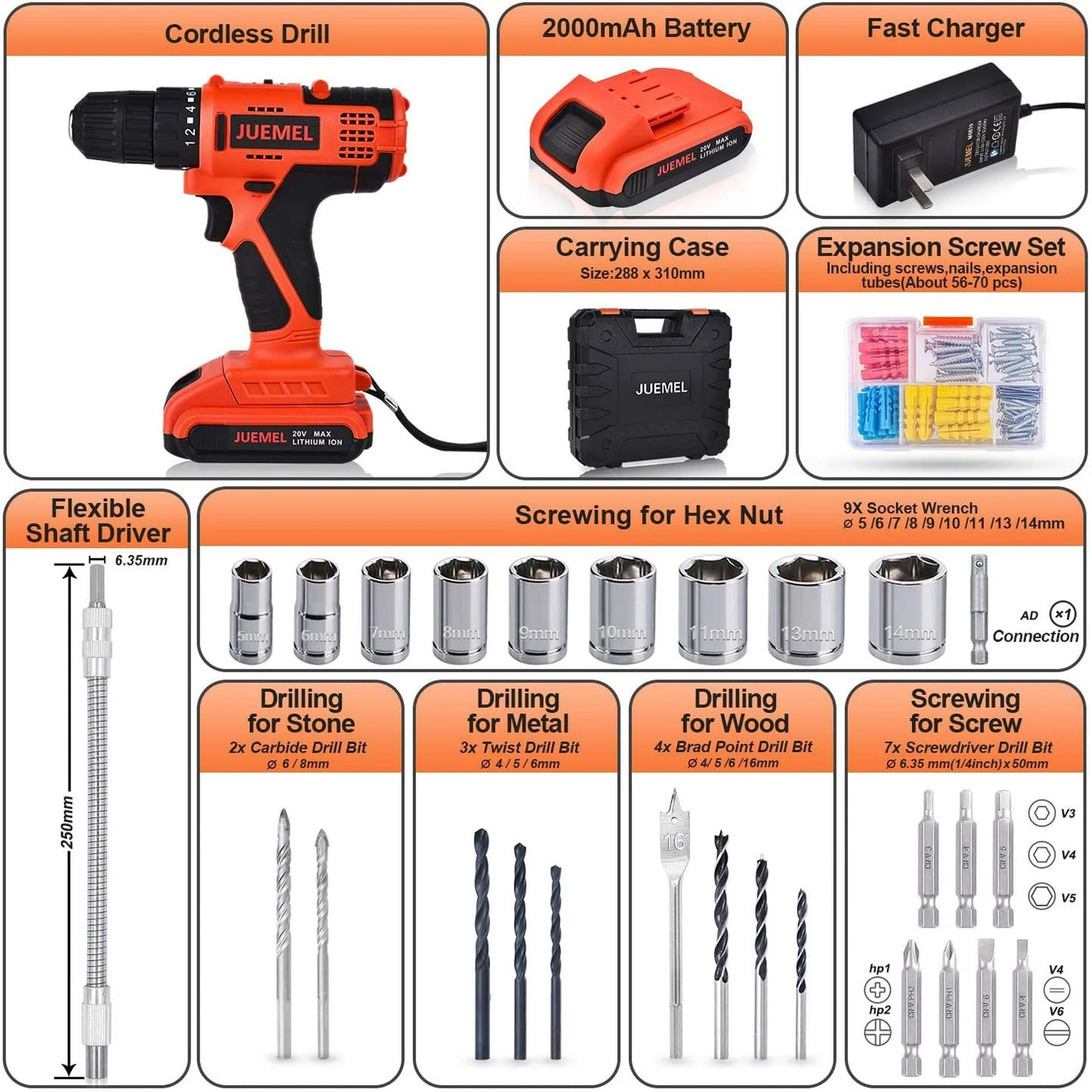 Taladro Inalámbrico 20V con Accesorios 100 Piezas Juemel