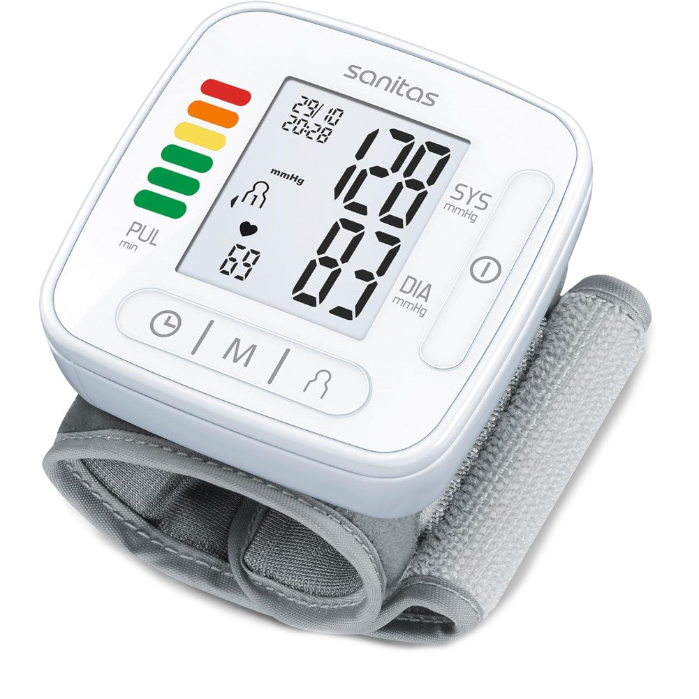 Tensiómetro de Muñeca Sanitas SBC 22 – Medición Automática de Presión Arterial y Pulso con Memoria y Detector de Arritmias
