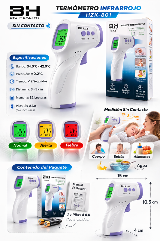 Termómetro Infrarrojo Digital Sin Contacto HZK-801 – Medición Rápida y Precisa (Pantalla LCD, Memoria 32 Lecturas)